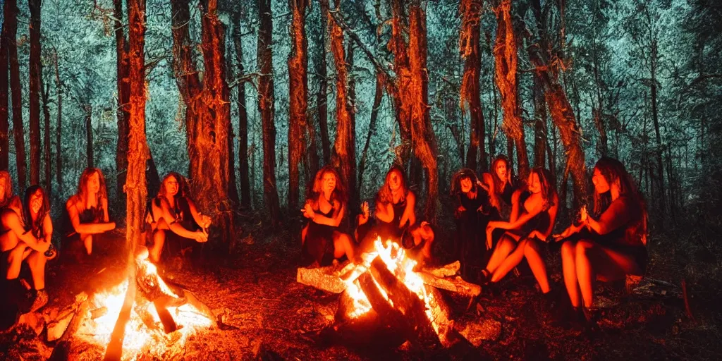 Image similar to witches preparing a ritual around a wildly lit campfire in an ominous forest at night, photography