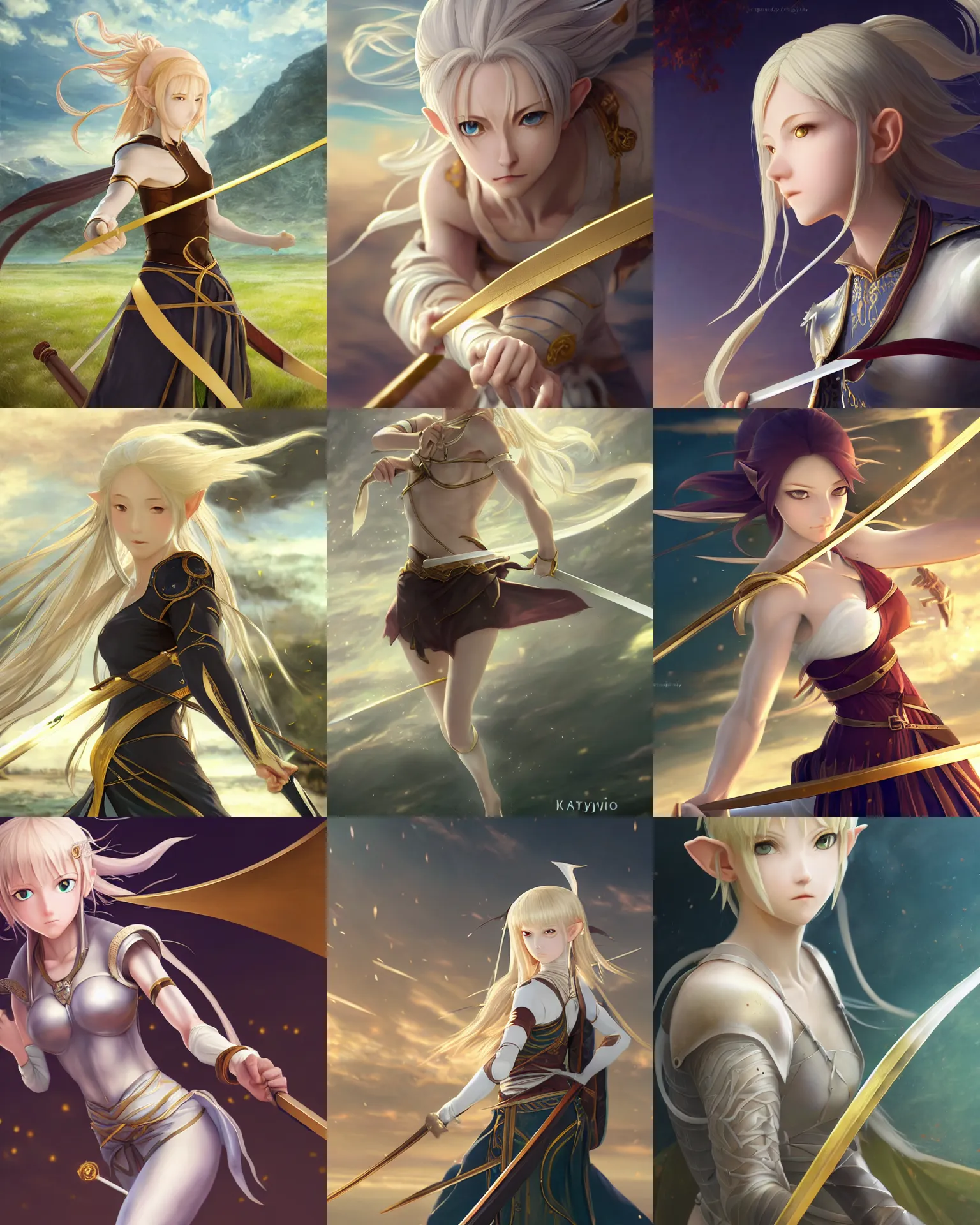 Prompt: renaissance art elf girl with white skin, katana in hand, golden hair blowing the wind, trending artistic art, dynamic photography, photorealistic, fate zero, realistic face, extremely high detailed, bokeh color background, studio ghibly makoto shinkai yuji yamaguchi, wlop