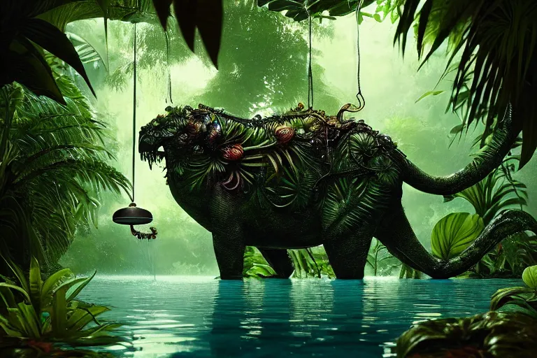 Image similar to creature in a lush tropical vegetation, water reflection, night, backlit : : by michal karcz, daniel merriam, victo ngai and guillermo del toro : : ornate, dynamic, particulate, intricate, elegant, highly detailed, centered, artstation, smooth, sharp focus, octane render, 3 d