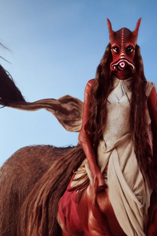 Image similar to film still of jar jar binks as a female cowgirl, long eyeslashes, big juicy lips, big seductive eyes, dramatic cinematic lighting, dolce & gabbana campaign, shot by mario testino, realistic vfx simulation, wavy red hair blowing in the wind 4 k