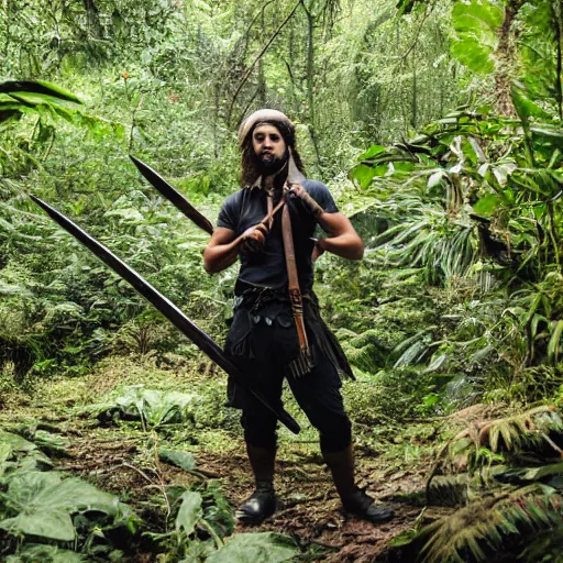 Prompt: photo of man wearing a bandana and holding a sword in jungle