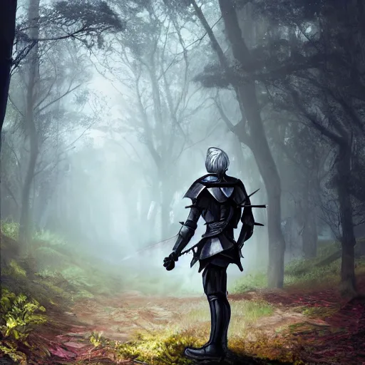 Prompt: Aging knight in black armor standing alone in a forest glade, no helmet, grey hair, Dungeons and Dragons, character portrait, colorful, hyper realism, 4k