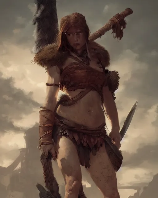 Prompt: hyper realistic photo of barbarian warrior girl, full body, cinematic, artstation, cgsociety, greg rutkowski, james gurney, mignola, craig mullins, brom