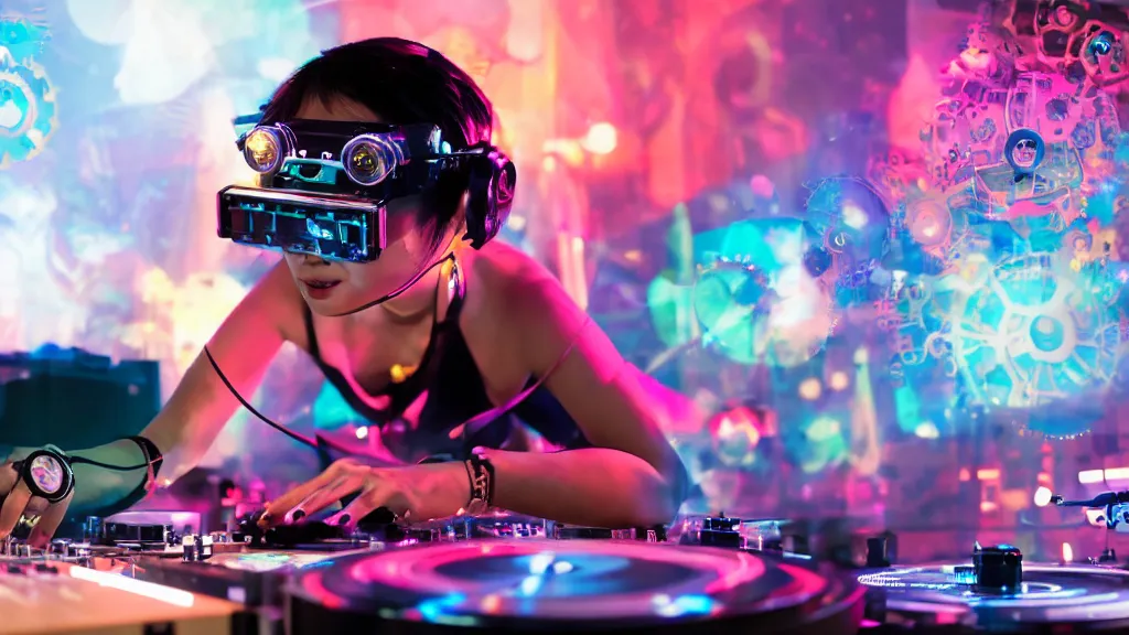 Image similar to an asian woman wearing goggles and visor and headphones using an intricate clockwork record player turntable contraption, robot arms, turntablism dj scratching, intricate planetary gears, smoky atmosphere, cinematic, sharp focus, led light strips, bokeh, iridescent, black light, fog machine, hazy, lasers, spotlights, motion blur, color