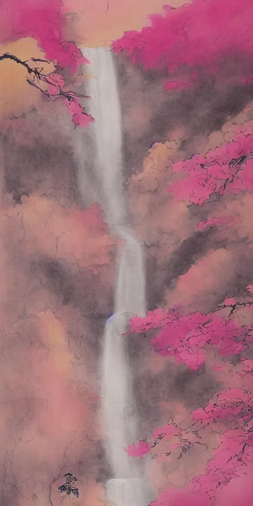 Prompt: an endless waterfall, golden pink splash, painted with a thin brush, detailed sumi-e illustration