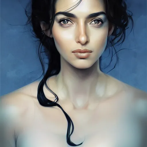 Image similar to greek ameera al taweel , blue eyes, black hair, beautiful face, white viel, Hyper-realistic, Highly Detailed, HD, by Brom, by beeple, studio ghibli, wallpaper, highly detailed, trending on artstation
