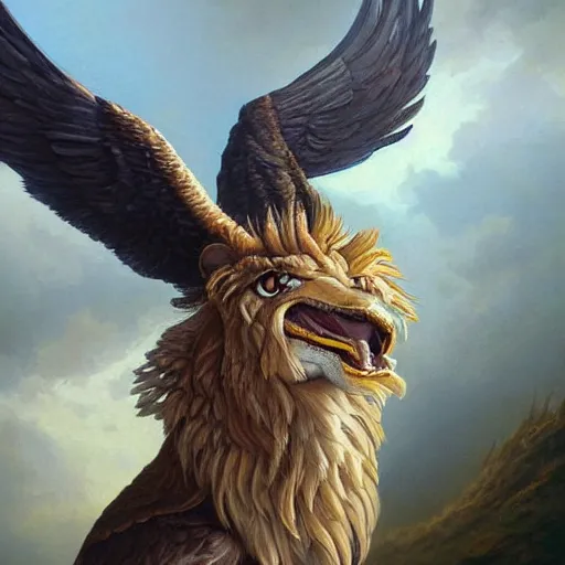 Image similar to a realistic oil painting portrait of a griffon, resembling a winged lion with an eagle head, highly detailed, trending on artstation, by james gurney and michael whelan