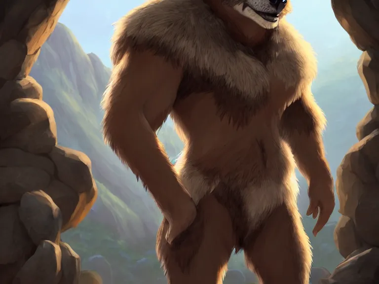 Image similar to burly tough character feature portrait of the anthro male anthropomorphic wolf fursona animal person wearing tribal primitive caveman loincloth outfit full wolf fur body standing in the entrance to the cave, center framed character design stylized by charlie bowater, ross tran, artgerm, makoto shinkai, detailed, soft lighting, rendered in octane