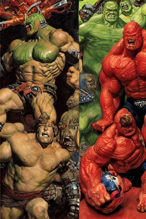 Prompt: upper body and head portrait of hulking brock lesnar as marvel demon wearing cape and armour, norman rockwell, tom lovell, alex malveda, jack kirby, lawrence alma tadema, greg staples, jeremy mann