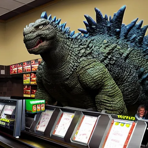 Image similar to Godzilla working at a Subway restaurant, realistic, ultra high detail.