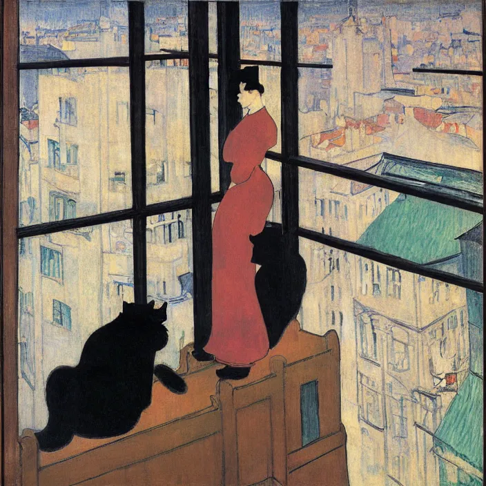 Image similar to couple under a baldachin with city seen from a window frame. fuzzy black cat. henri de toulouse - lautrec, utamaro, matisse, felix vallotton, rene magritte