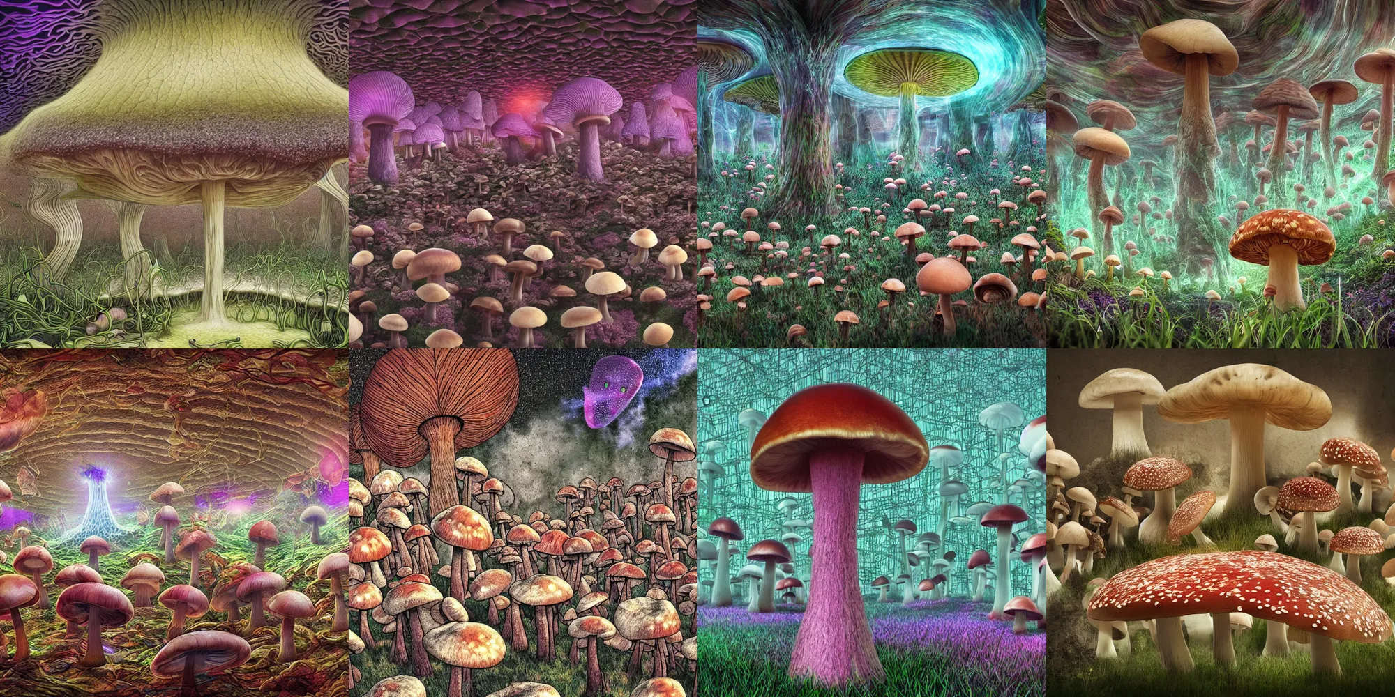 Prompt: a hyper real rendering of a mushroom trip where you perceive the fabric of the psychic prison all humans are trapped within