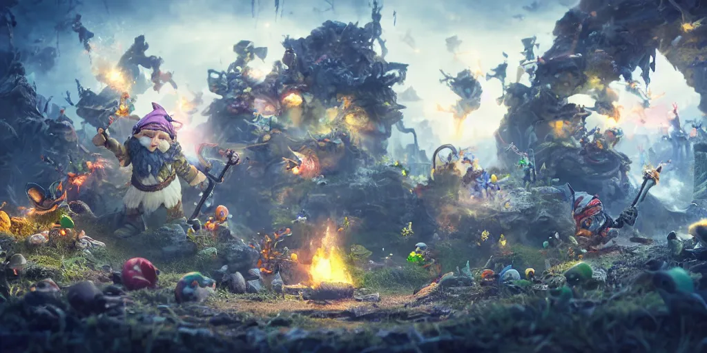 Image similar to An Epic gnome war, realistic 4k octane beautifully detailed render, 4k post-processing, highly detailed, intricate complexity, epic composition, magical atmosphere, cinematic lighting, masterpiece, ultra hd