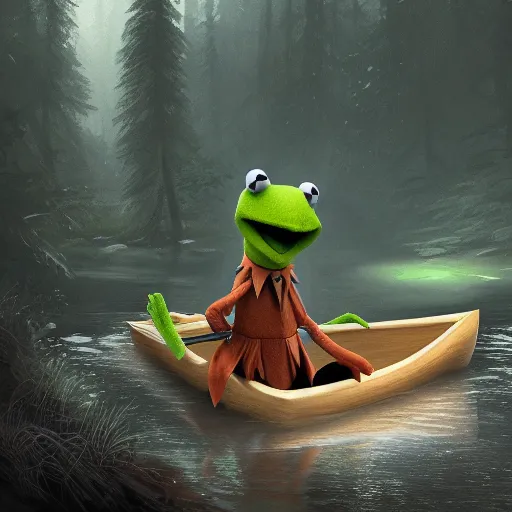 Image similar to Kermit the Frog riding a canoe down a stream, dark spooky forest in the backround surrounding him, hyperdetailed, artstation, cgsociety, 8k