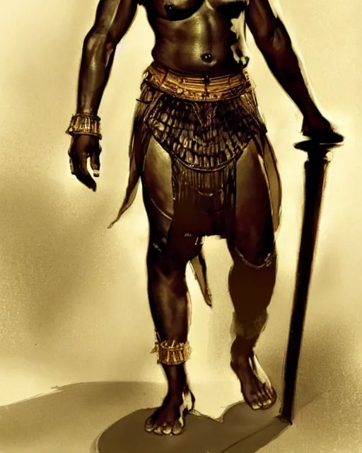 Image similar to concept art by anders zorn and craig mullins depicting djimon hounsou as a tall and very lean temple guard dressed in ancient egyptian decorative armor, flowing robes, harem pants, and leather strapped sandals