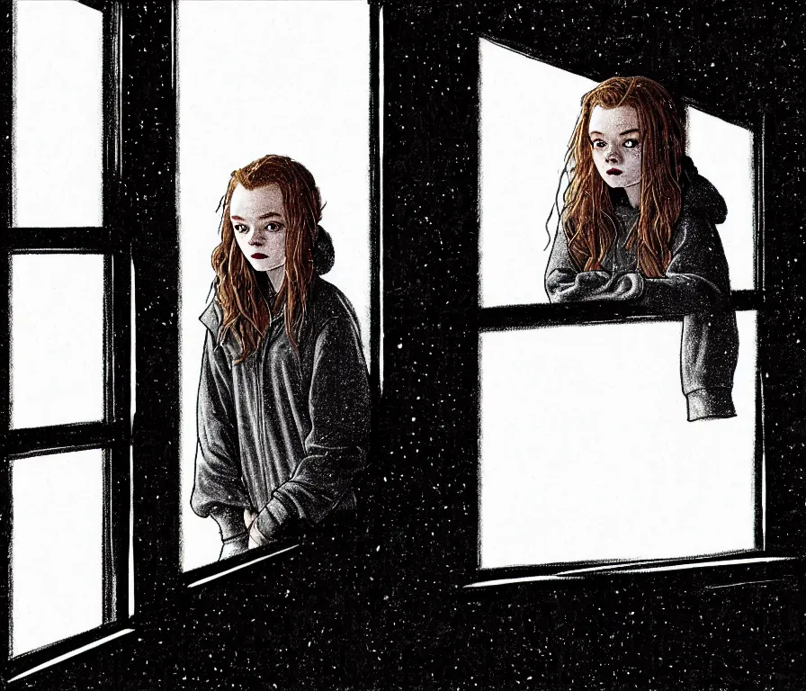 Prompt: sadie sink in hoodie sits on windowsill, knees tucked in | rain falls at night : storyboard, scifi cyberpunk. by gabriel hardman, joe alves, chris bonura. cinematic atmosphere, detailed and intricate, perfect anatomy