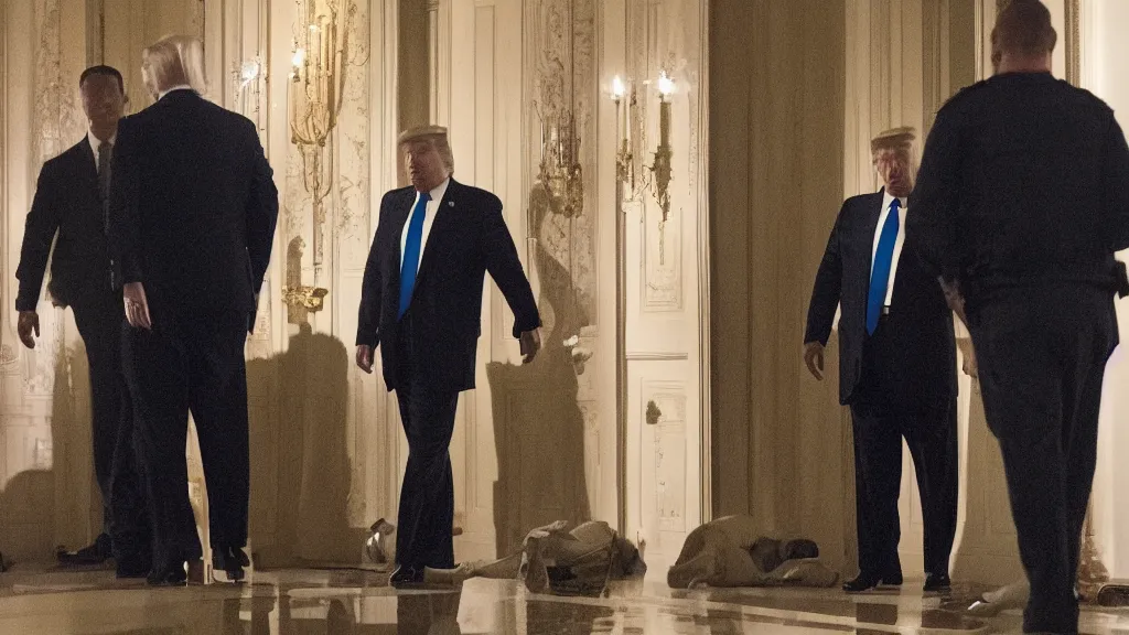 Prompt: FBI arresting President Trump in his Mar-El-Lago apartment in the middle of the night, very cinematic