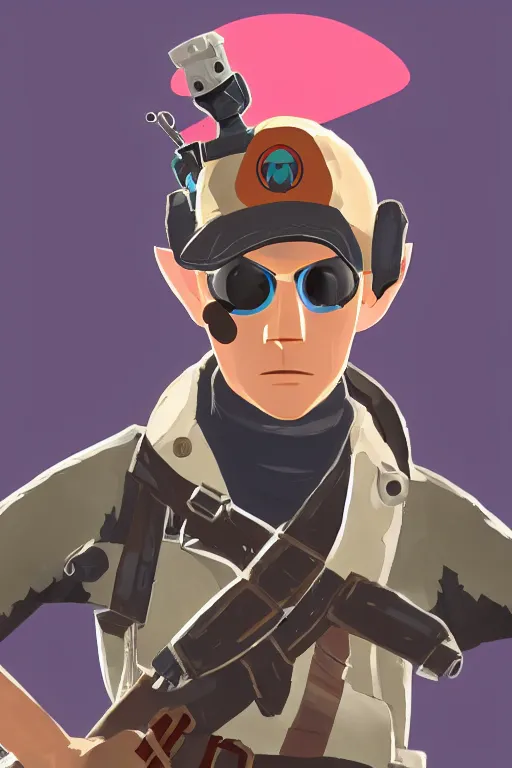 Image similar to an in game portrait of tf 2 spy from the legend of zelda breath of the wild, breath of the wild art style.