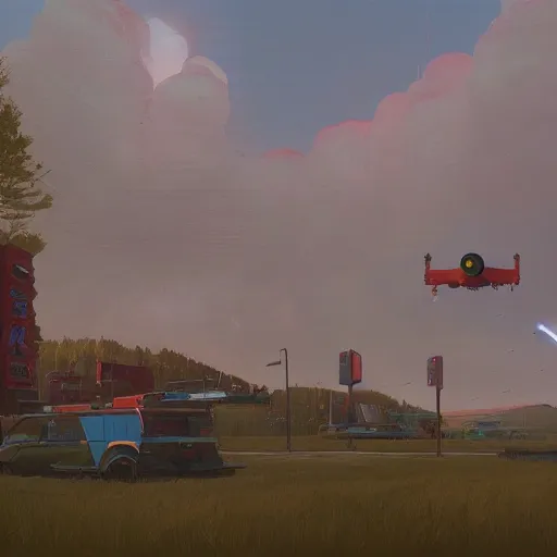 Image similar to thor the god of thunder landing on the ground simon stalenhag