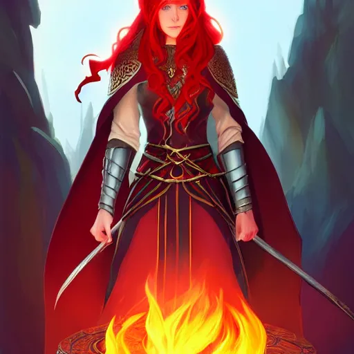 Image similar to a female elven cleric with red long hair, very good beautiful heavy scale armor, wearing a cape, casting a fire spell, dungeon background, magical, bright, colorful, fantastic lighting, amazing details, 4 k uhd, illustration by stephanie brown and mingchen shen and ilya kuvshinov, artstation, pixiv, concept art,