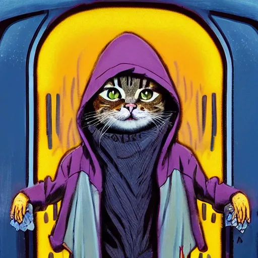 Image similar to a cat wearing a hooded cloak, in an elevator with art nouveau neon panelling, by pascal blanche and james jean moebius and james gurney and greg rutkowski, 8 k