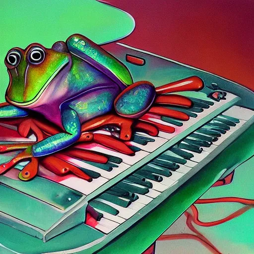 Image similar to a beautiful painting of singular frog playing in the synthesizer, trending on artstation