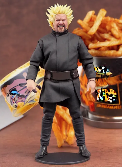 Image similar to star wars black series action figure of guy fieri with barfing chili cheese fries action, pristine box, toy still in package, ebay, extremely detailed