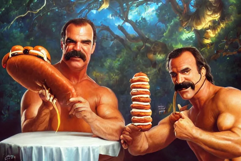 Image similar to portrait of wwf rick rude and wwf jake roberts sharing hotdogs, an oil painting by ross tran and thomas kincade