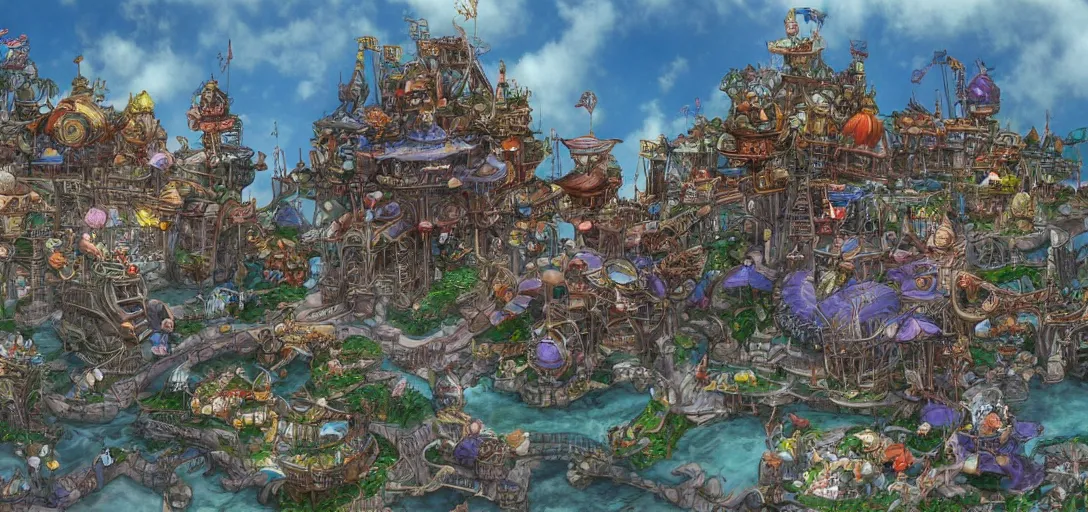 Prompt: dreamland, amusement park inspired by final fantasy 9, concept art, environment, in style of yoshitaka amano, highly detailed