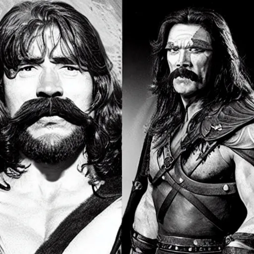 Image similar to conan the barbarian but he has a big moustache and he's at the opera