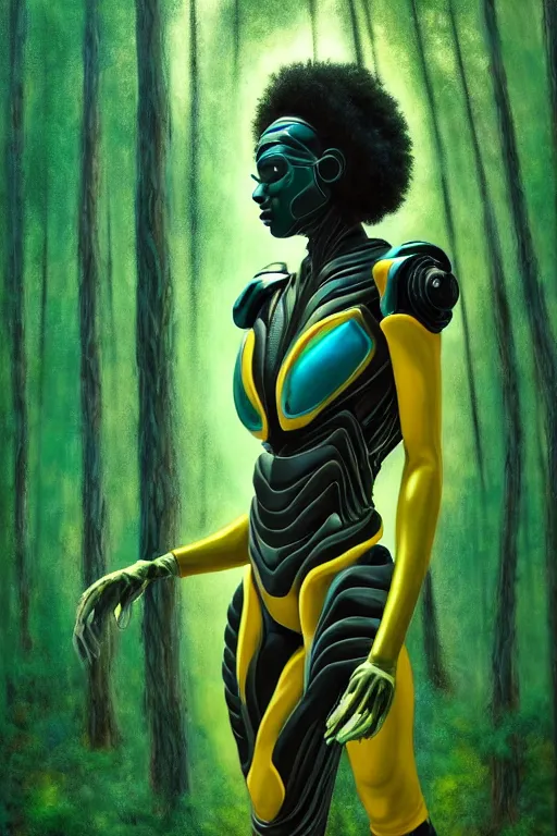 Image similar to hyperrealistic post - symbolism cinematic super expressive! black woman with exoskeleton armor, merging with tree in a forest, highly detailed digital art masterpiece, smooth cam de leon eric zener dramatic pearlescent soft teal yellow light, ground angle hd 8 k, sharp focus