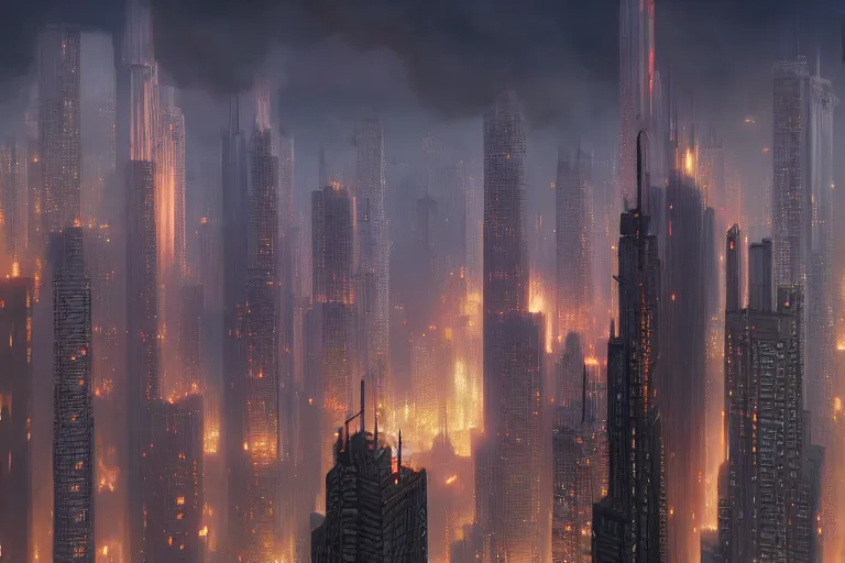 Prompt: a highly detailed matte painting of skyscrapers on fire by studio ghibli, makoto shinkai, by artgerm, by wlop, by greg rutkowski, volumetric lighting, octane render, 4 k resolution, trending on artstation, masterpiece