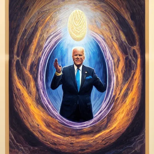 Image similar to presidential portrait of immense, majestic, surreal, terrifying joe biden emerging from the cosmic egg, perfectly clear face, by j. c. leyendecker, alex grey, anato finnstark, bosch, and beksinski