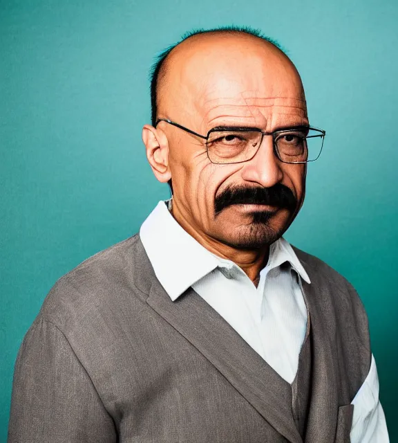Prompt: Indian Walter white, portrait photo, smirk, mysterious , 85mm, teal studio backdrop, Getty images