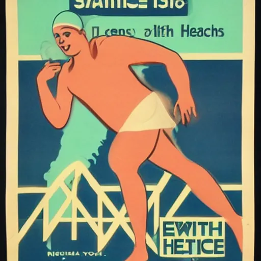 Image similar to year 1 9 2 8 health advice poster for swimming. mint green and gold