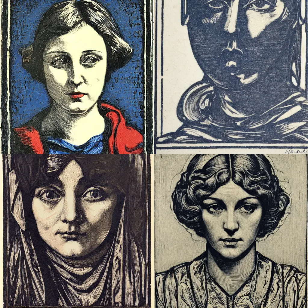 Prompt: portrait, flemish realism, woodcut, art nouveau ( 1 9 2 2 ), pyrrol scarlet, titanium white, phthalo blue, stathmore 4 0 0, 3 5 mm, f 3 2, grisaille, luminous