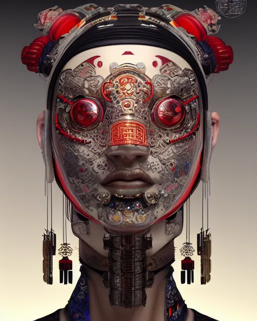 Image similar to portrait of a cyberpunk machine, machine face, upper half portrait, decorated with chinese opera motifs, asian, fine china, traditional chinese art, intricate, elegant, highly detailed, symmetry, headpiece, digital painting, artstation, concept art, smooth, sharp focus, illustration, art by artgerm and greg rutkowski and alphonse mucha, 8 k