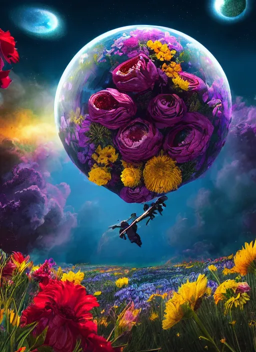 Image similar to An epic fantastic realism comic book style painting of the most beautiful flowers launched into space, bouquets, fisheye lens, unreal 5, DAZ, hyperrealistic, stars in the night sky, octane render, dynamic lighting