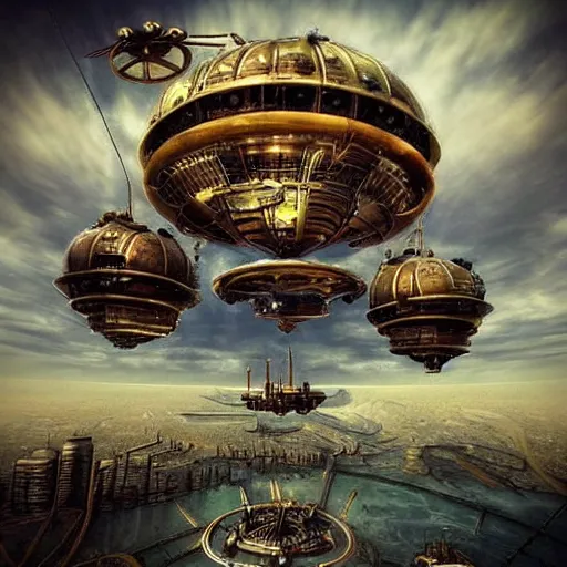 Prompt: flying city in a metal flower, sky, steampunk!!!, fantasy art, steampunk, masterpiece, octane