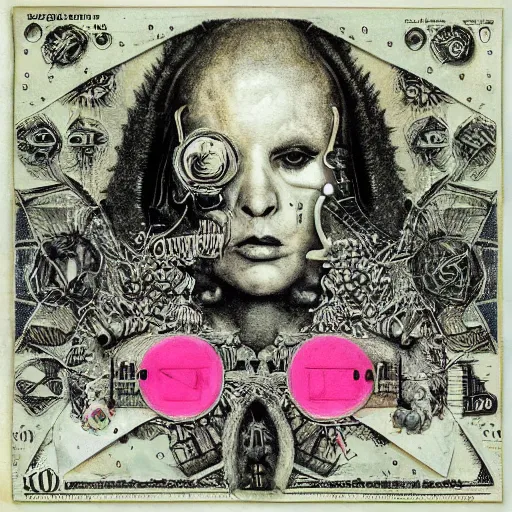 Image similar to post - punk new age album cover, asymmetrical design, dollar bank notes, capitalism, magic, apocalypse, psychedelic, black white pink, magic, giger h. r., giuseppe arcimboldo