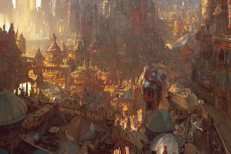 Image similar to a colorful medieval marketplace, Industrial Scifi, detailed illustration, character design, intricate, by artgerm and greg rutkowski and alphonse mucha