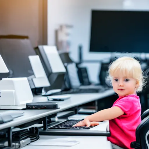 Image similar to a blonde toddler child baby girl working CAD computer drafting, civil engineer, sitting at a desk