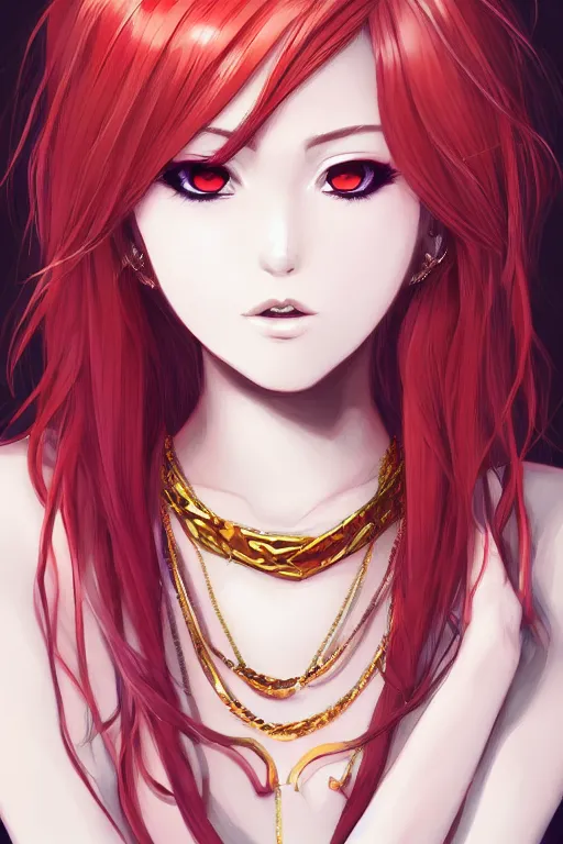 Prompt: headshot art of a young vibrant anime woman with pomegranate-colored hair and golden hair highlights, wearing a black necklace and with pretty makeup, drawn by WLOP, by Avetetsuya Studios, anime drawing, trending on artstation