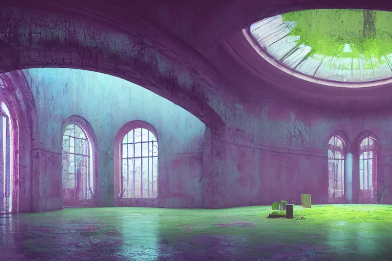 Image similar to abandoned 9 0 s monastery interior with large organic circular windows, rain like a dream, oil painting, cinematic, dramatic, volumetric lighting, cyberpunk, basquiat + francis bacon + gustav klimt + beeple, elevated street art, fantasy lut, textural, pink, blue, purple, green,