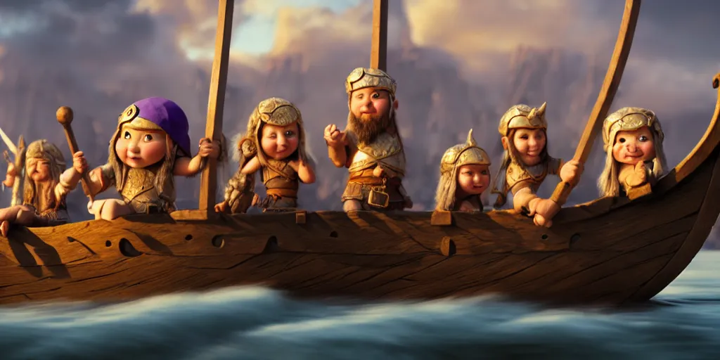 Image similar to adorable vikings on a viking ship, pixar render, brilliant style by Artstation, Artstation Trending, cgsociety, high quality, very coherent, ultra realism, high definition, post processing, unreal engine, 8k, high resolution, octane render, high contrast, 4k UHD, photographic, digital art, artstation, cinematic shot, golden hour, island in the background