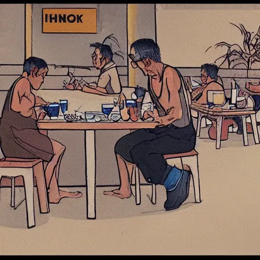 Image similar to concept art of an old singaporean man wearing a singlet drinking coffee in a hawker centre, by moebius