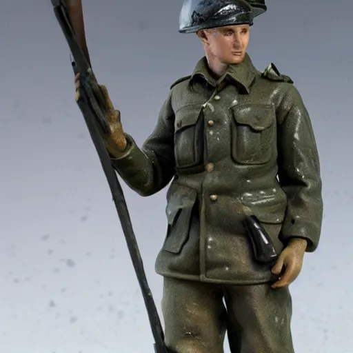 Image similar to 1/35 scale figurine of german ww2 soldier set on fire, burning plastic, scale model photography, 8k, hyper realistic