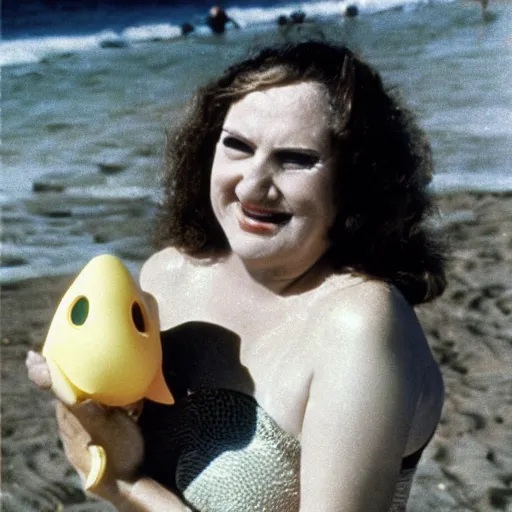 Image similar to 1981 woman on tv show wearing a happy squishy inflatable prosthetic mask, soft color wearing a swimsuit at the beach 1981 color film 16mm holding a an inflatable fish Fellini John Waters Russ Meyer Doris Wishman old photo