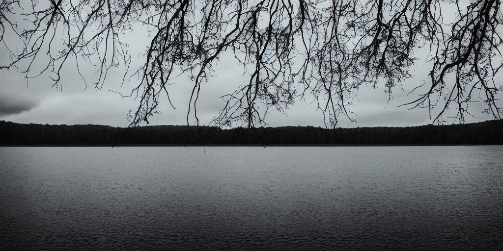 Prompt: centered photograph of a long rope snaking across the surface of the water, stretching out towards the center of the lake, a dark lake on a cloudy day, mood, trees in the background, anamorphic lens