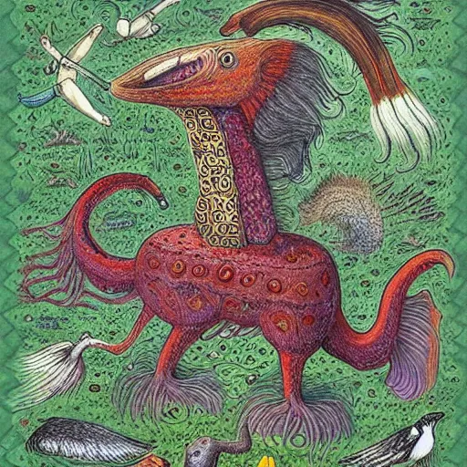 Prompt: illustration of a fantastic cryptid in the style of codex seraphinianus